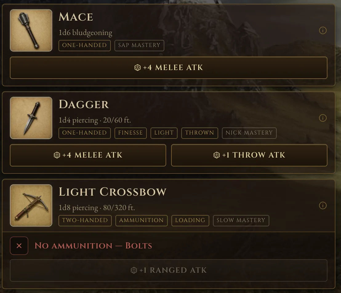 A warhammer entry with a plus seven melee attack button