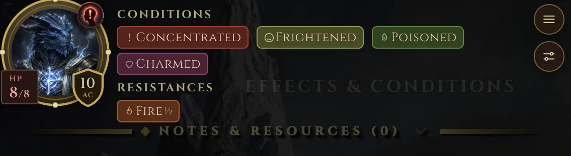 Combat header showing AC 19 and 47 of 52 hit points