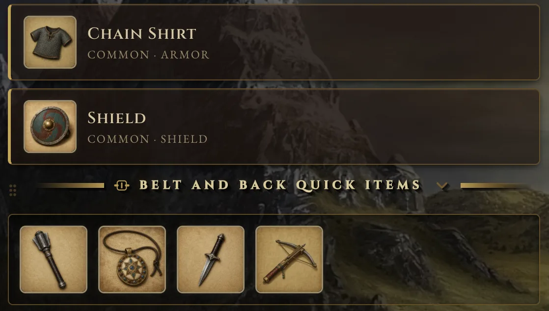 A row of belt items: hammer, shield, mace, potion, dagger