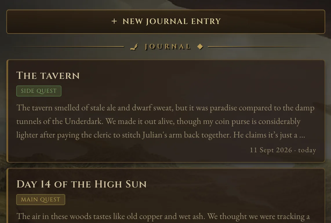 Journal entries tagged side quest and main quest, under a New Journal Entry button