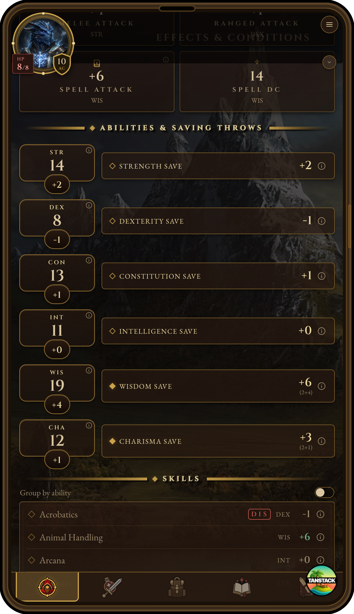 Character screen for a level one Dragonborn cleric
