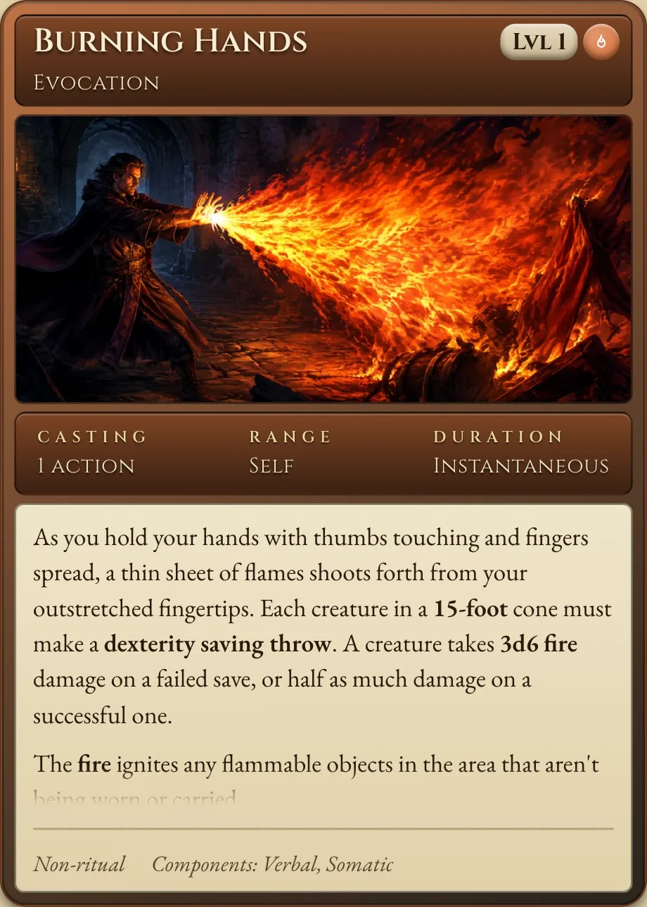 Burning Hands spell card — evocation, 1 action, self, instantaneous