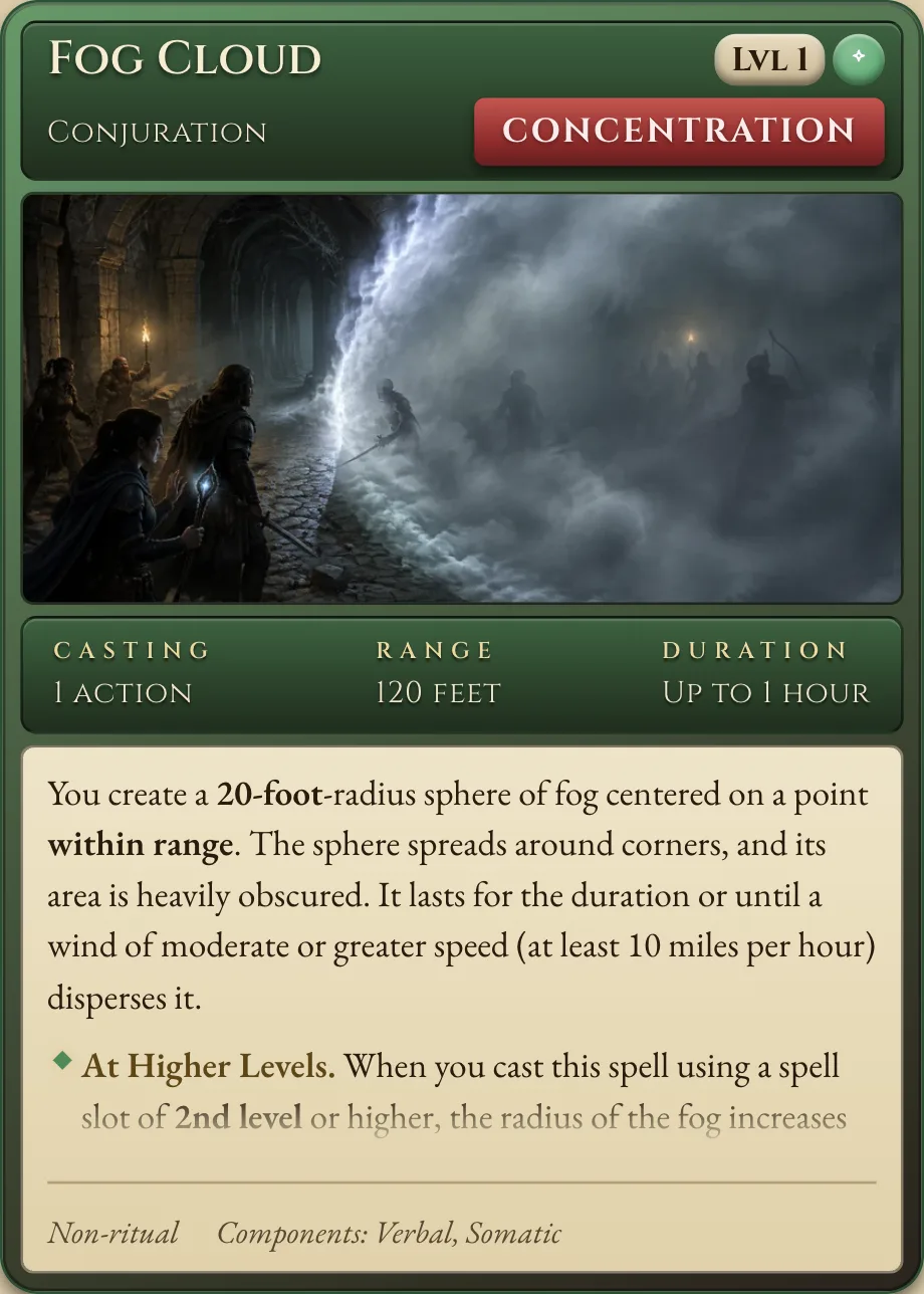 Fog Cloud spell card — conjuration, concentration, 1 action, 120 feet